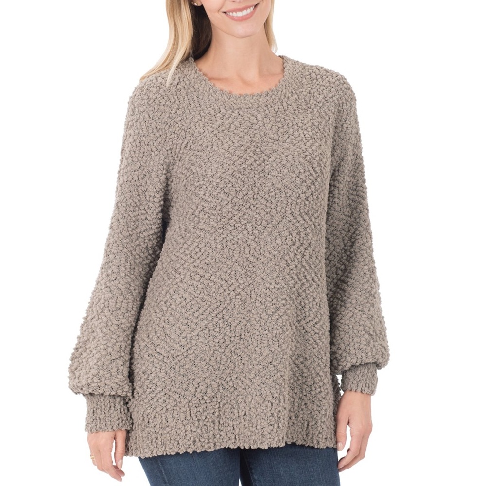 POPCORN BALLOON SLEEVE PULLOVER SWEATER ASH MOCHA